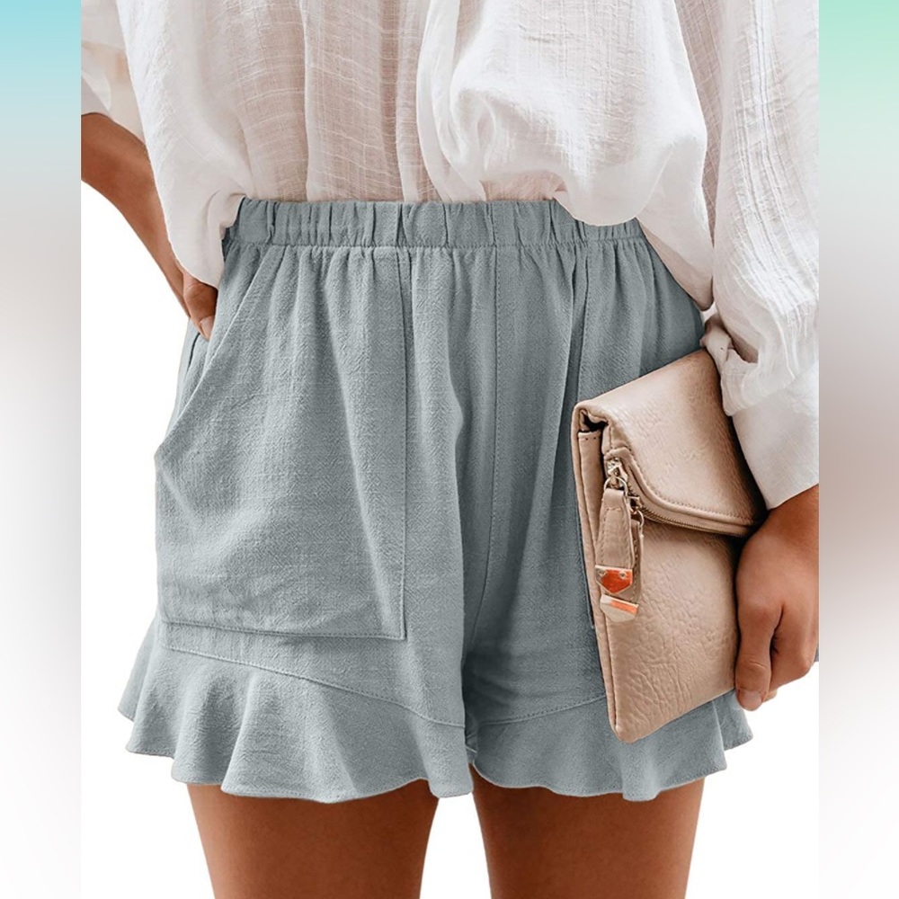 Paitluc Womens Elastic Waist Side Pockets Ruffle Linen Shorts